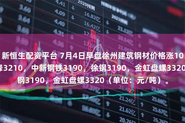新恒生配资平台 7月4日早盘徐州建筑钢材价格涨10，南钢3350，永锋3210，中新钢铁3190，徐钢3190，金虹盘螺3320（单位：元/吨）。